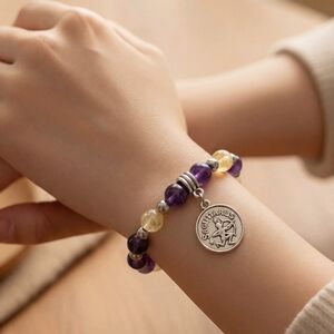 Zodiac Sagittarius Amethyst & Rutilated Quartz Bracelet 6.5" Genuine Crystals